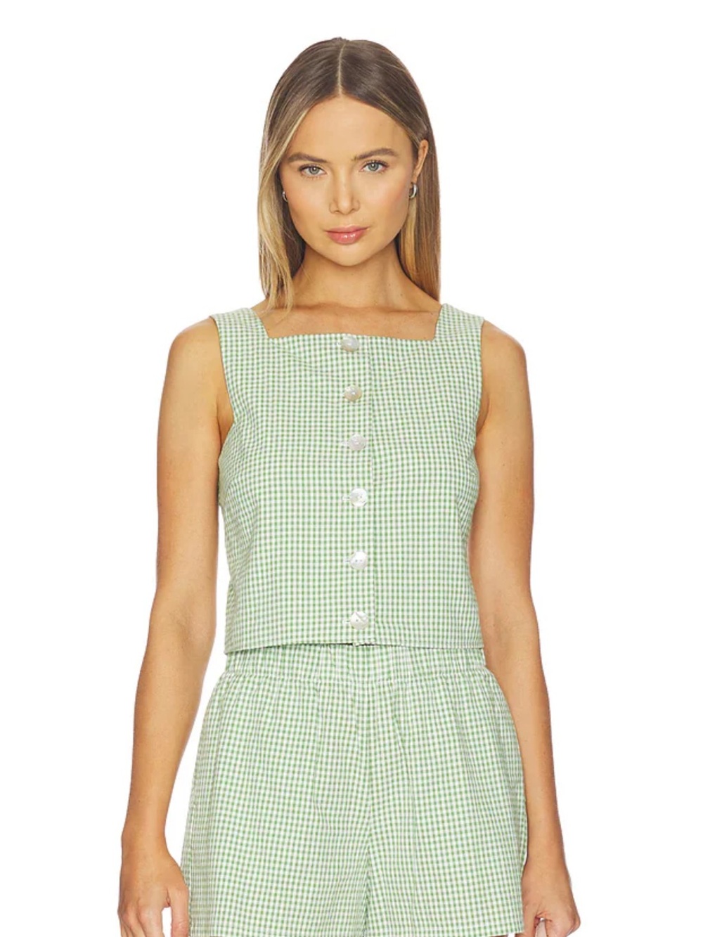 Show Me Your MuMu Light Green Gingham Square-Neck Crop and shorts set -